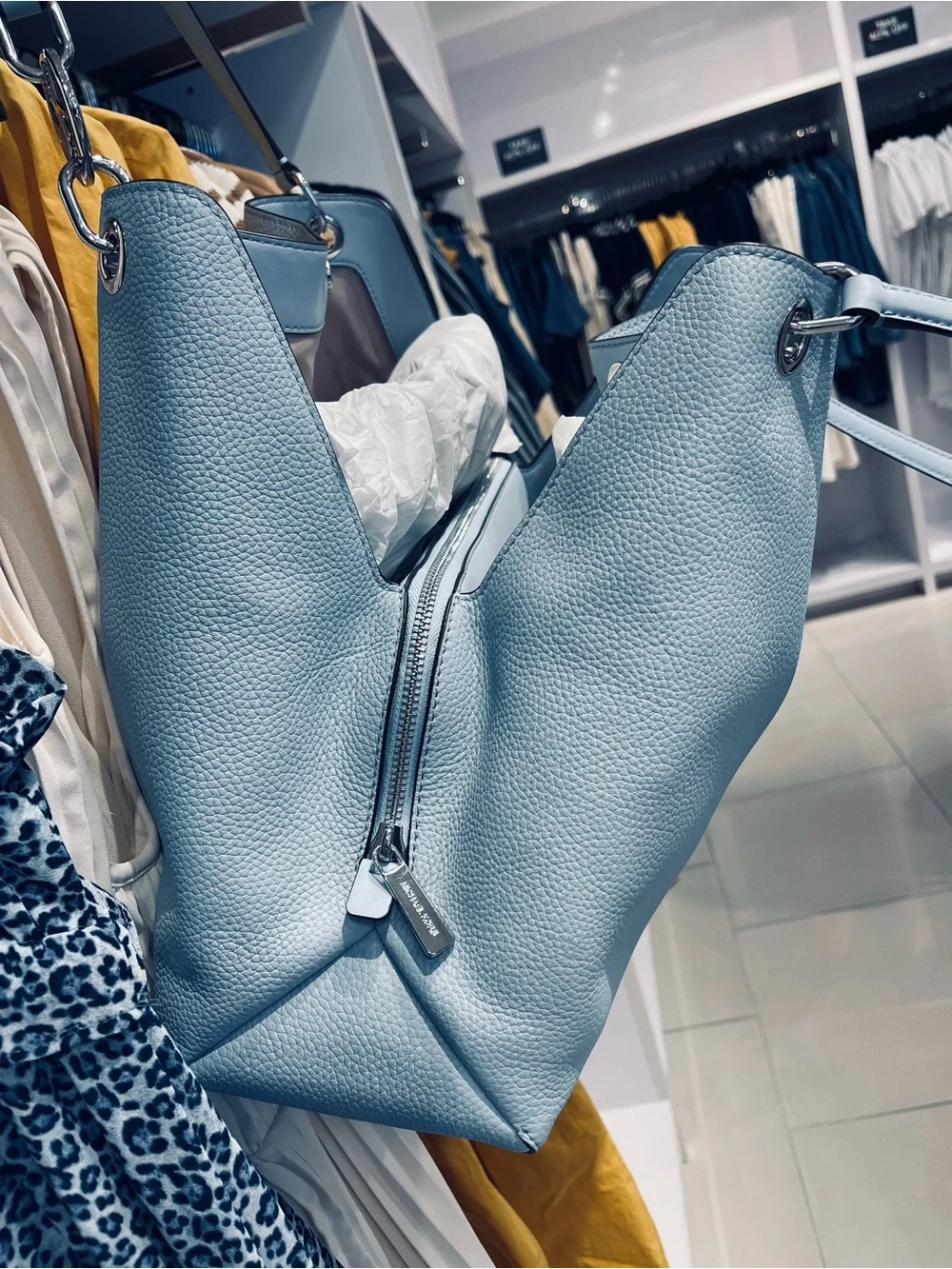 Michael Kors Christina Large Pebbled Leather Shoulder Bag Pale Ocean  NWT